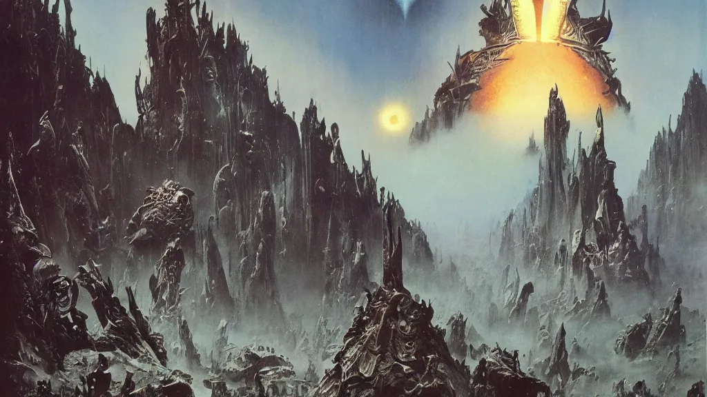 Image similar to surreal eerie alien planet empire by frank frazetta and bruce pennington, cinematic matte painting