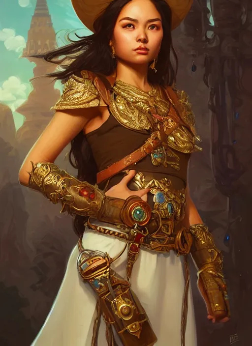 Image similar to portrait of russian mexican asian girl jodhpurs hyperborea lemuria, deep focus, d & d, fantasy, intricate, elegant, highly detailed, digital painting, artstation, concept art, matte, sharp focus, illustration, hearthstone, art by rhads by artgerm and greg rutkowski and alphonse mucha