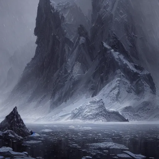 Image similar to at the mountains of madness, strange ruins, antarctic mountains, painted by seb mckinnon, high detail, dramatic light, antarctic mountains, digital art, painted by greg rutkowski, promotional movie posterart, trending on artstation