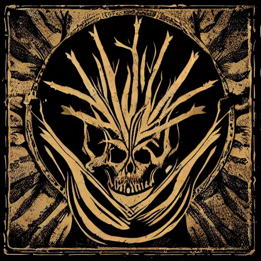 Image similar to dark death metal themed vector illustration for a record label, trees. forest, spikes, skull, microphone, skull, award winning, grunge, iconic, golden ratio