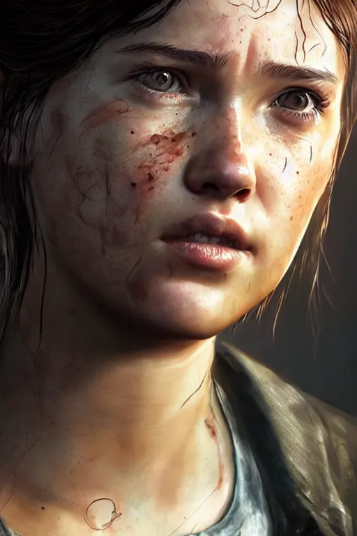 Image similar to ultra realistic facial portrait of ellie from the last of us part 2, digital art, character portrait, highly detailed, trending on artstation, lens flare, atmosphere, hyper realistic, cinematic lightning, sharp focus, unreal engine 5, extreme details perfect face, pretty face, fine - face, illustration, 8 k, ultra texture, masterpiece