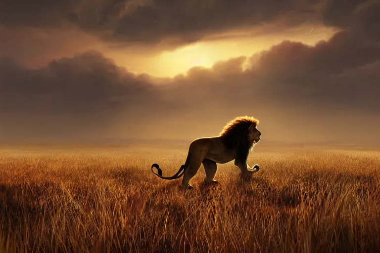 Prompt: an male lion silhouette on the african plains, long grass, sparkling water, glistening, hyper realistic, hyper detailed, digital art, trending in artstation, cinematic lighting, studio quality, smooth render, unreal engine 5 rendered, octane rendered, by paul lehr