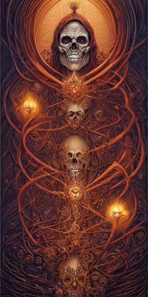 Image similar to A beautiful detailed orixa, tarot card, by tomasz alen kopera and Justin Gerard, symmetrical features, ominous, magical realism, texture, intricate, ornate, royally decorated, skull, skeleton, whirling smoke, embers, red adornements, red torn fabric, radiant colors, fantasy, trending on artstation, volumetric lighting, micro details, 3d sculpture, ray tracing, 8k, anaglyph effect