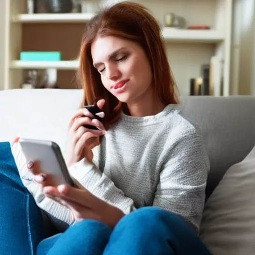 Prompt: a stock photo of a woman sitting on her sofa using her mobile phone