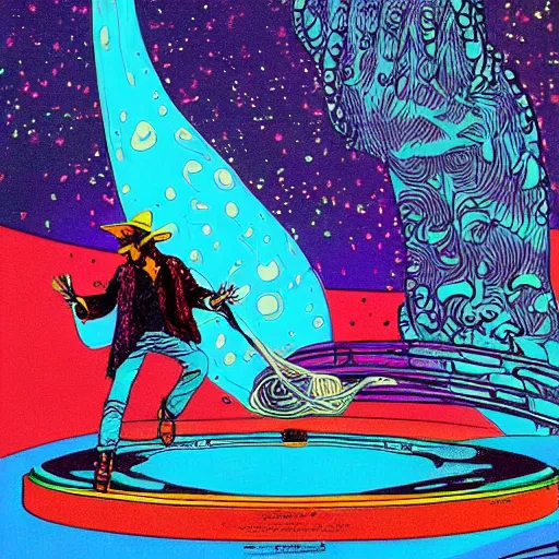 Image similar to artwork by Moebius showing Jimi Hendrix sitting on the rings of Saturn playing his electric guitar