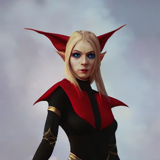 Image similar to a painting of an female elf wearing a black dress with blonde hair and red eyes. by tooth wu and wlop and beeple and greg rutkowski. trending on artstation, highly detailed, volumetric lightning