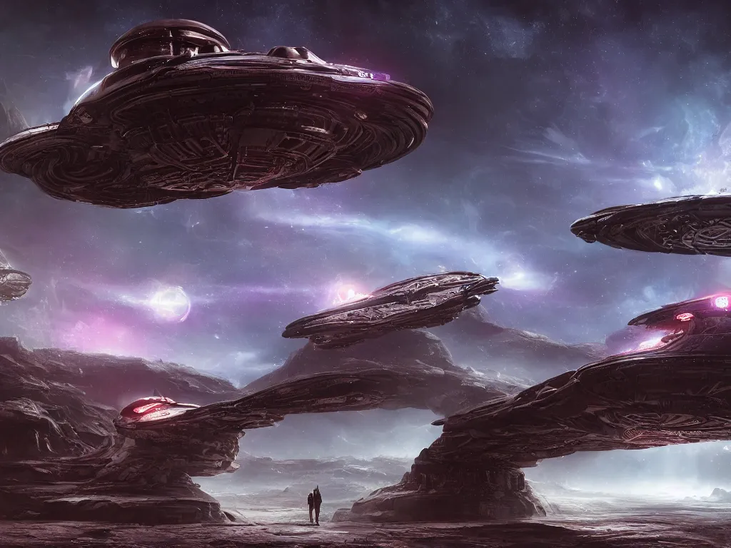 Prompt: deep space alien spacecraft landing on an alien planet surface, highly detailed, intricate, by Raphael Lacoste, Eddie Mendoza, Alex Ross, background of neon outer space nebulas by Pilar Gogar, concept art, matte painting, 8K HDR