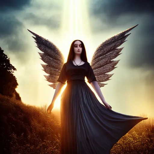 Image similar to photographic portrait of a stunningly beautiful gothic angel in heaven with divine light in soft dreamy light at sunset, contemporary fashion shoot, by edward robert hughes, annie leibovitz and steve mccurry, david lazar, jimmy nelsson, breathtaking, 8 k resolution, extremely detailed, beautiful, establishing shot, artistic, hyperrealistic, beautiful face, octane render