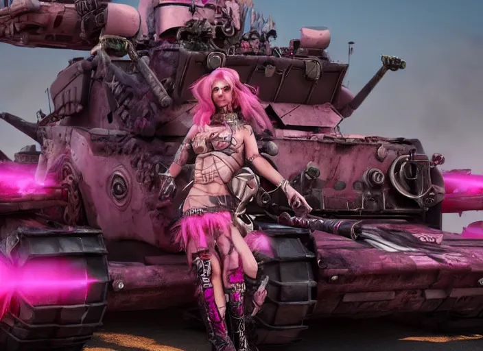 Image similar to beautiful apocalyptic woman with pink Mohawk, posing on mad max panzer tank, 4k ultra hd, fantasy dark art, artstation, octane render