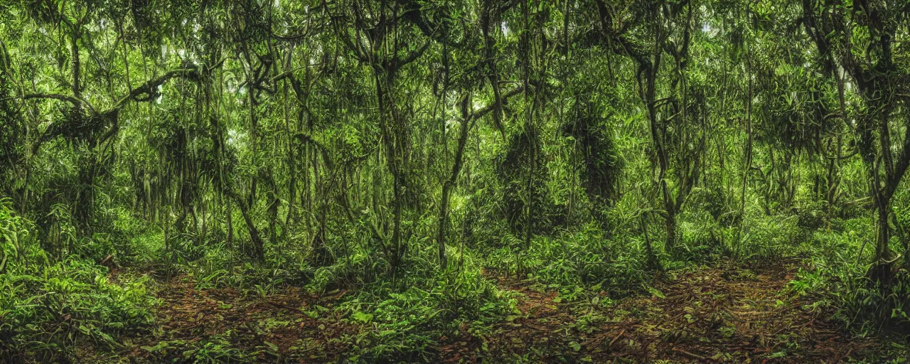 Image similar to photo of a jungle with large trees and vines, mud, puddles, foliage, realistic
