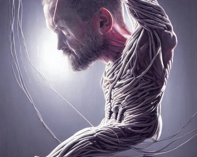 Image similar to a hyperrealistic painting of a human cyborg sitting in a chair with limbs stretched out, tied with electrical cables connected to supercomputers, flood of images flowing from his head, tesseract, vitruvian man, by greg rutkowski and artgerm, trending on artstation, concept art, insane details, zoomed out