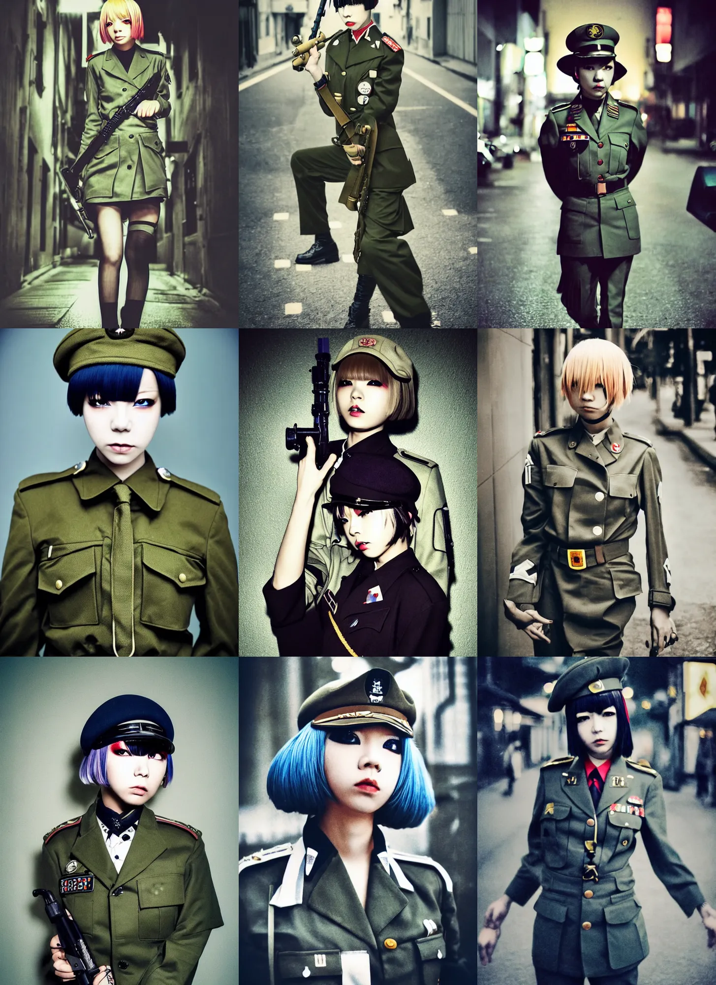 Prompt: lomography, full body portrait photo of reol wearing a retro military uniform marching down the street in shibuya exterior at night, moody, realistic, dark, skin tinted a warm tone, light blue filter, hdr, rounded eyes, detailed facial features, ( ( dark outside ) )