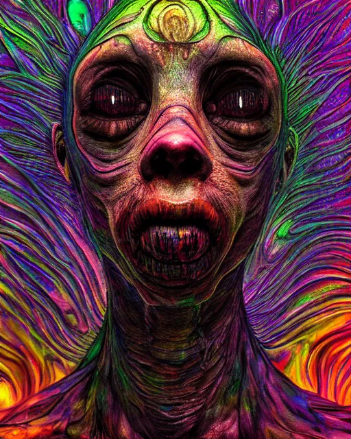 Image similar to realistic portrait of a creature experiment gone wrong, psychedelic, dark art, facing camera, photo realistic, detailed, 1 4 5 0, delicate, hyper realism, ultra realistic, 8 k