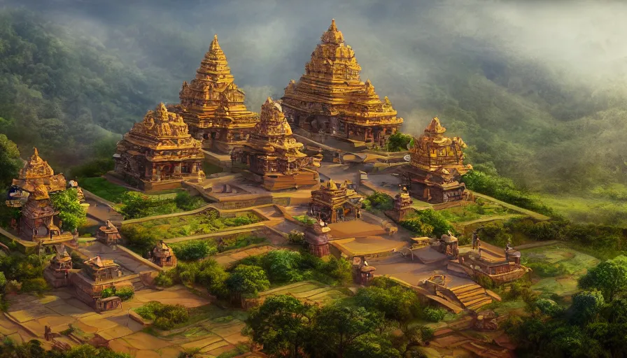 Image similar to matte painting of a beautiful dvaravati village and buddhit temple, digital art, trending on artstation