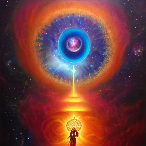 Image similar to facing the darkness with a sword in hand, galactic nebular astral realm sacred journey in oil painting, trending on artstation, award winning, emotional, highly detailed surrealist art