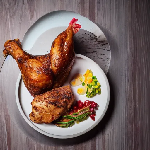 Prompt: photo of a chicken eating a steak, 50mm, beautiful photo