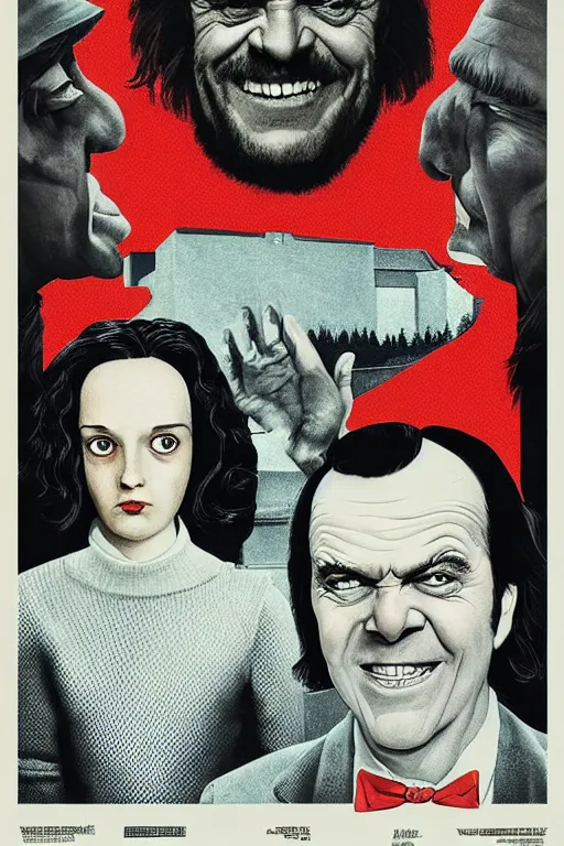 Image similar to a movie poster for the film the shining designed by reynold brown featuring a prominent portrait of jack nicholson and a stylised fireaxe in the style of wes anderson.