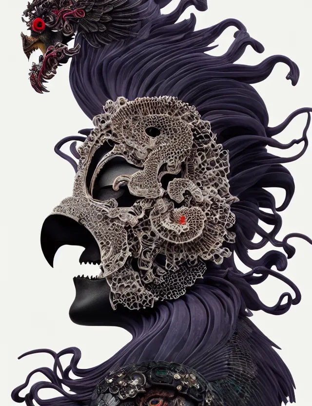 Image similar to 3 d goddess of death close - up profile portrait with ram skull. beautiful intricately detailed japanese crow kitsune mask and clasical japanese kimono. betta fish, jellyfish phoenix, bio luminescent, plasma, ice, water, wind, creature, artwork by tooth wu and wlop and beeple and greg rutkowski