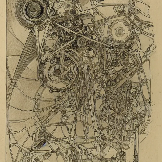 Prompt: beautiful, symmetric, art nouveau, detailed, intricate technical drawings on parchment from 1 8 4 0 with extensive written labels and covered in scribbled pencil notes in open space, for a mechanical art creation drawing robot, by ron cobb and alphonse mucha
