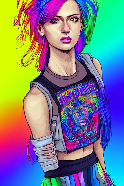 Image similar to a award winning half body portrait of a beautiful woman with stunning eyes in a printed croptop and cargo pants with rainbow colored ombre hairstyle head in motion and hair flying by josan gonzales, outrun, vaporware, shaded flat illustration, digital art, trending on artstation, highly detailed, fine detail, intricate