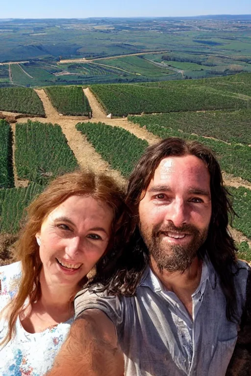 Image similar to selfie from a mobile phone of jesus and mary magdalene standing on a cliff looking over a beautiful landscape in france, languedoc, award winning photo, very detailed, very realistic