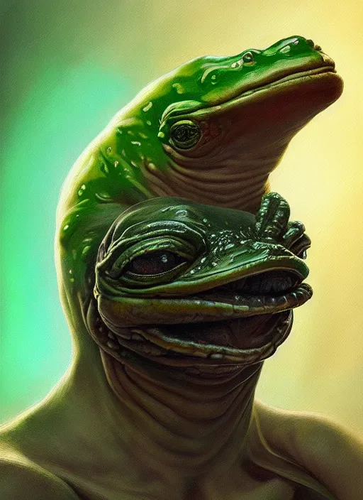 Image similar to slimy 4 chan pepe, drool, portrait, intricate, elegant, highly detailed, digital painting, artstation, concept art, wallpaper, smooth, sharp focus, illustration, art by h. r. giger and artgerm and greg rutkowski and alphonse mucha