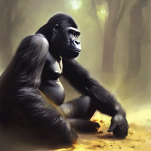 Prompt: a painting of a gorilla, greg rutkowski, cinematic lighting, hyper realistic painting