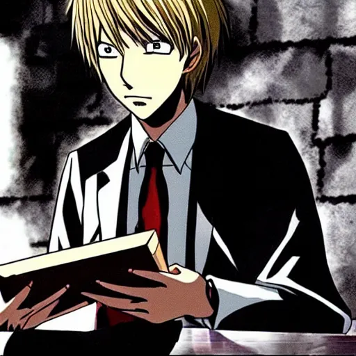 Prompt: Light Yagami writes Saitamas name in the death note, anime