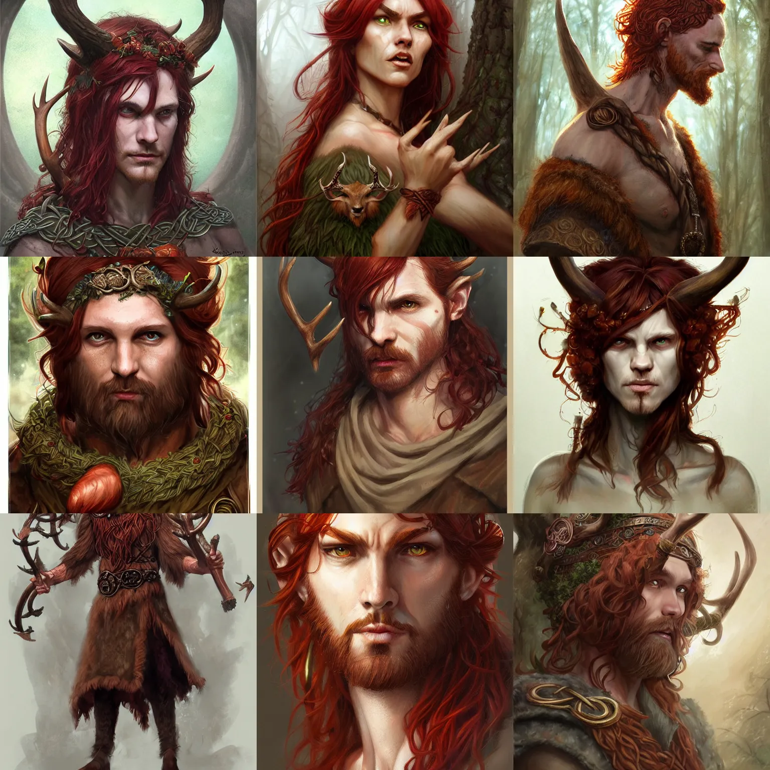 Prompt: celtic druid, satyr, reddish hair, deer antlers, D&D, fantasy, portrait, highly detailed, digital painting, trending on artstation, concept art, sharp focus, illustration, art by artgerm and greg rutkowski and magali villeneuve