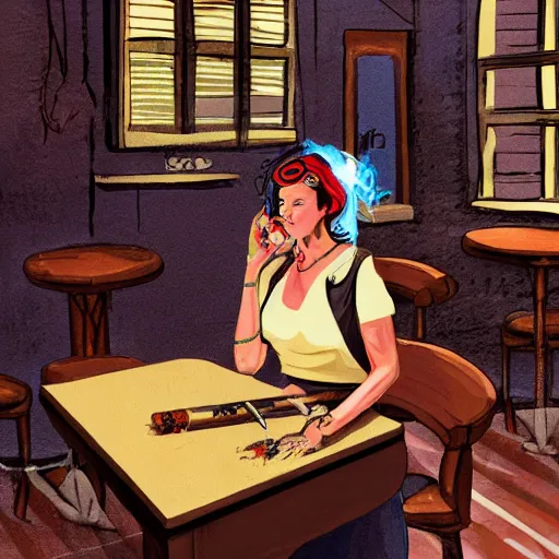 Prompt: a woman rolling a blunt while smoking weed sitting in a old sketchy pub, retro, smoke, digital art, detailed background, hyper realistic,