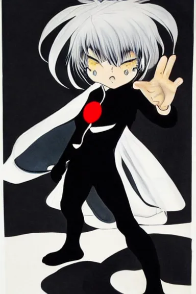 Prompt: attractive little boy in black cat suit with cape, black and white artwork made by hiroshiko araki,