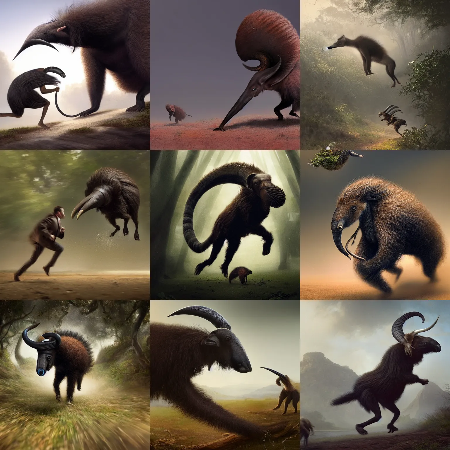 Prompt: man running from a giant anteater, digital art by greg rutkowski, but as macro photography