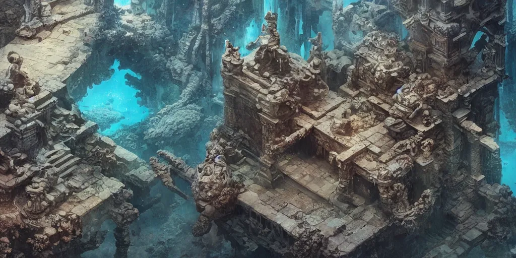 Image similar to Underwater ancient temple, statues, rubble, broken pillars, fishes, coral, Monster Hunter Illustrations art book, Moebius, Greg Rutkowski, Zabrocki, Karlkka, Jayison Devadas, Phuoc Quan, trending on Artstation, 8K, ultra wide angle, zenith view, pincushion lens effect.