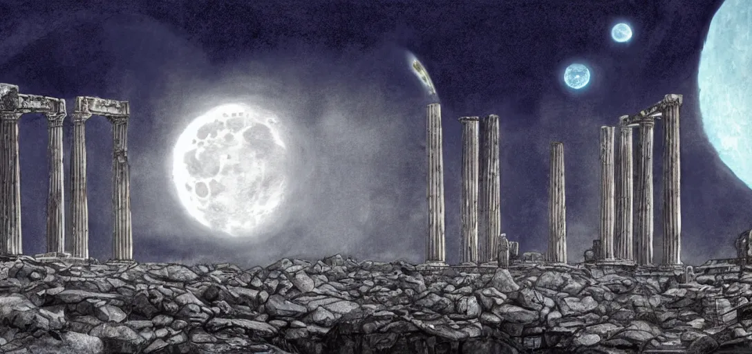 Image similar to The ruins of the Silver Millennium on the moon from Sailor Moon, digital painting, planet Earth in the distance, Greek-esque columns and ruins, black sky