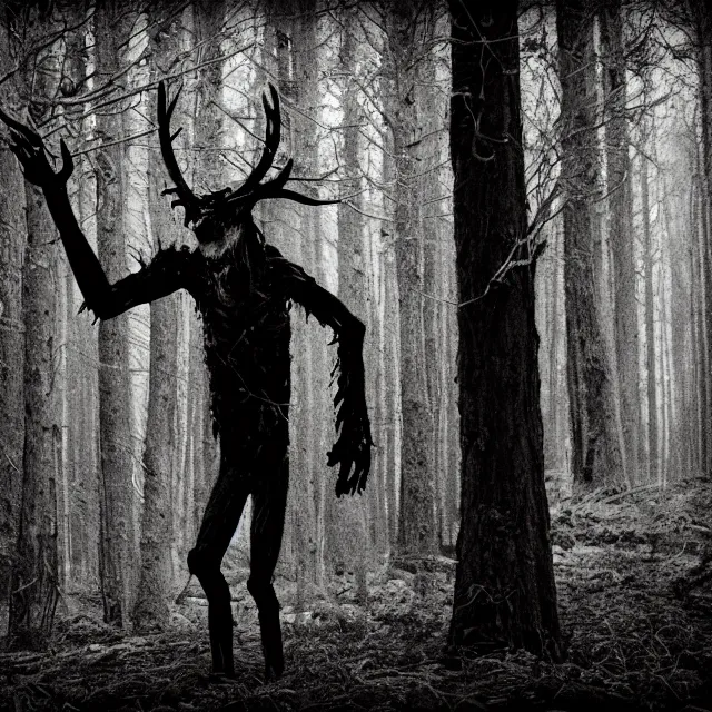 Image similar to bloody wendigo in forest at night, night vision, shot from done, grainy