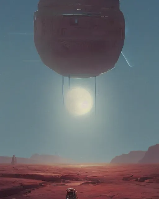 Image similar to a painting of a desert scene with a giant object in the distance, concept art by john harris and by ash thorp and by edouard groult, cgsociety, space art, concept art, sci - fi, dystopian art