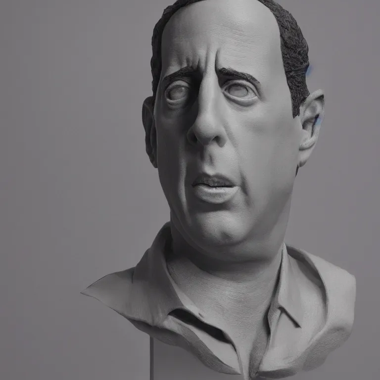 Prompt: beautiful studio photograph of colorful postmodern portrait sculpture of jerry seinfeld shocked expression, beautiful symmetrical face accurate face detailed face realistic proportions, made of spray - painted polymer clay on a pedestal by ron mueck and matthew barney and greg rutkowski, hysterical realism intense cinematic lighting shocking detail 8 k