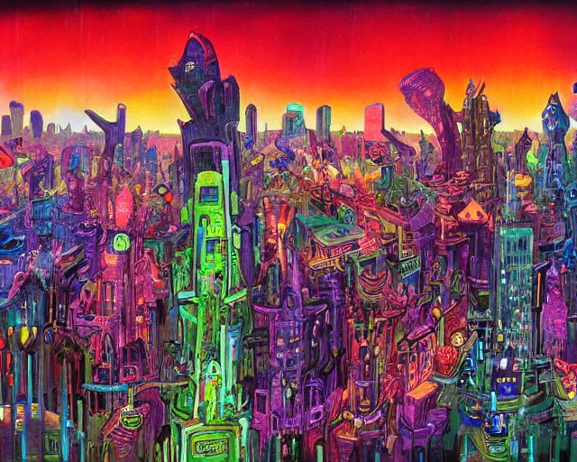 Image similar to surreal colorful nightmarish cityscape, artwork by ralph bakshi