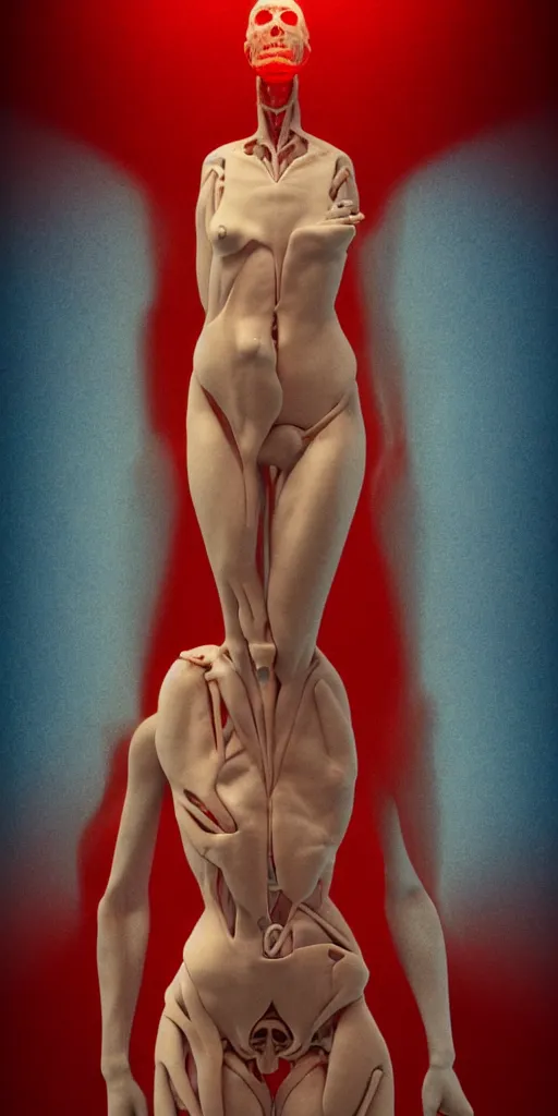Image similar to poster design, full body anatomical model, 3 d photographic render of a deconstructed asymmetric human anatomical correct human body, in hoc signo vinces, waterfall, in the style of leonora carrington, gottfried helnwein, intricate composition, blue light by caravaggio, insanely quality, highly detailed, masterpiece, red light, artstation
