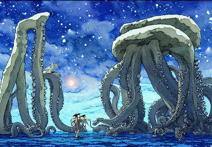 Image similar to a simple watercolor studio ghibli movie still fantasy concept art of stonehenge at the bottom of the ocean. a giant octopus from princess mononoke ( 1 9 9 7 ) is holding large stones. it is a misty starry night. by rebecca guay, michael kaluta, charles vess