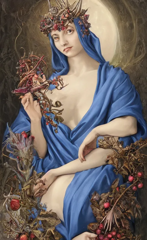 Image similar to a painting of a woman in plain blue robes, hands in lap with scroll, lunar crescent, horned diadem, large cross on chest, palm leaves, pomegranates, a surrealist painting by marco mazzoni, peter mohrbacher, cgsociety, neo - figurative, detailed painting, rococo, oil on canvas, biomorphic, lovecraftian