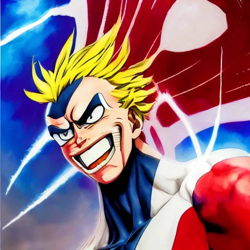 Prompt: an oil painting of a all might from my hero academia by artgerm, hero costume, middle ages, hd, hdr, ue 5, ue 6, unreal engine 5, third dimensional, 3 d, disney quality cinematic 4 k wallpaper, 8 k, ultra detailed, gta 5 cover art, comic book black shading, high resolution, artstation, award winning