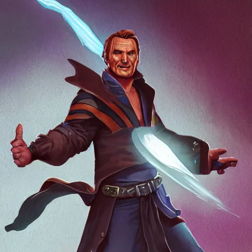 Image similar to Liam Neeson as Burl Gage, Antimage, iconic Character illustration by Wayne Reynolds for Paizo Pathfinder RPG