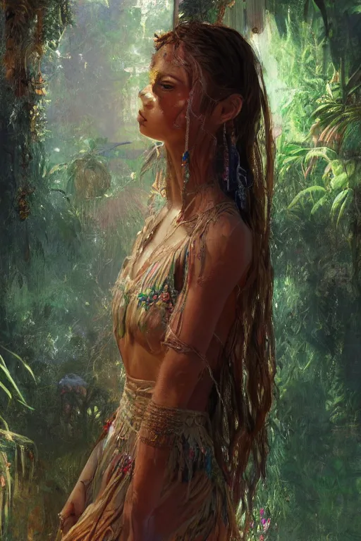 Image similar to portrait bohemian girl in tulum mexico jungle, staring directly into camera, intricate, elegant, glowing lights, highly detailed, digital painting, artstation, sharp focus, illustration, art by wlop, mars ravelo and greg rutkowski