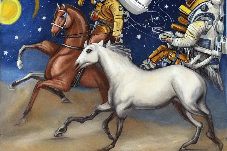 Prompt: horse on top of an astronaut, astronaut under the horse, arstation