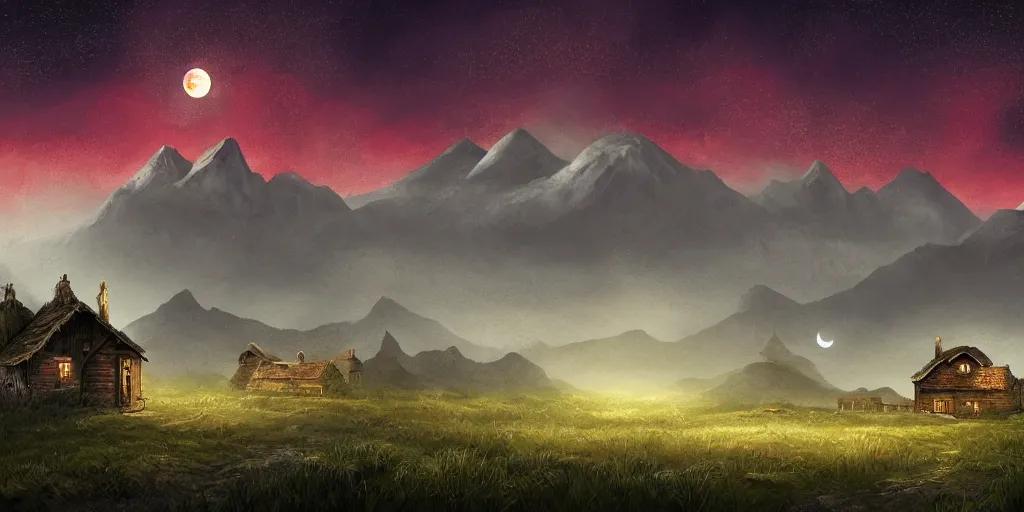 Image similar to Blood soaked fields with large mountains in the distance, small cottage in the foreground, nighttime, moon in the night sky, landscape wallpaper, d&d art, fantasy, painted, 4k, high detail, sharp focus