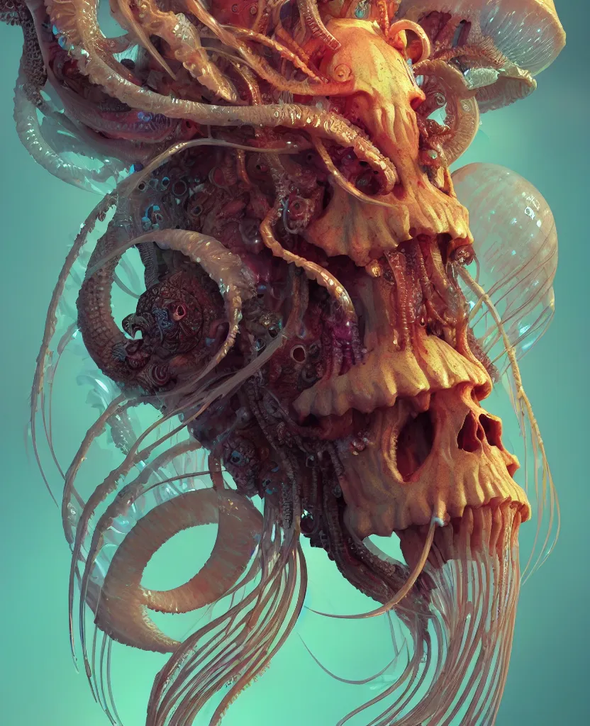 Image similar to goddess close-up portrait ram skull. jellyfish phoenix head, nautilus, orchid, skull, betta fish, bioluminiscent creatures, intricate artwork by Tooth Wu and wlop and beeple. octane render, trending on artstation, greg rutkowski very coherent symmetrical artwork. cinematic, hyper realism, high detail, octane render, 8k