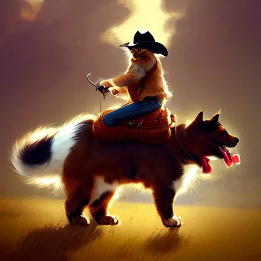 Image similar to fluffy cat in cowboy hat like a tiny girl riding on the back of a giant corgi by greg rutkowski