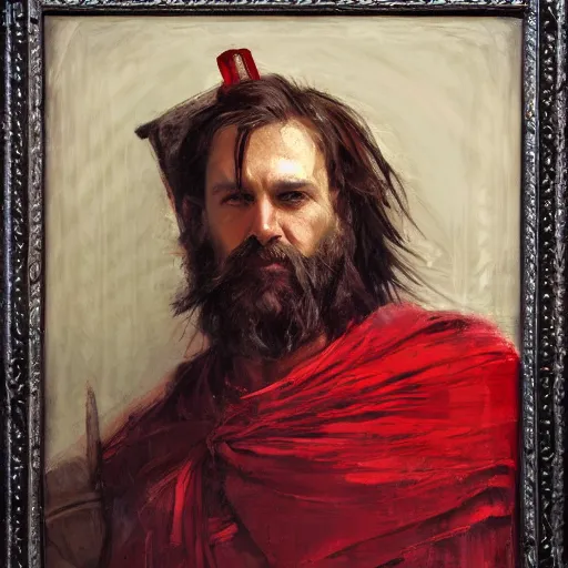 Image similar to Solomon Joseph Solomon and Richard Schmid and Jeremy Lipking victorian genre painting portrait painting of a old rugged movie actor medieval knight character in fantasy costume, red background