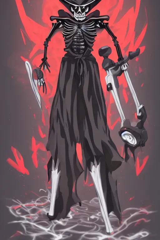 Prompt: a full body shot of Grim Reaper by Studio Trigger, skeleton face, his eyes are red and glowing, mohawk haircut , sport pants, highly detailed, artstation,manga,by Shigeto Koyama